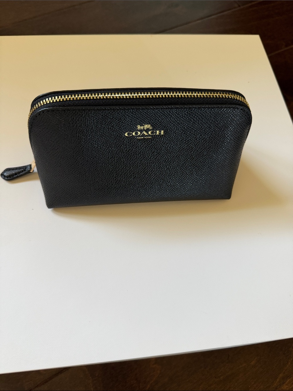 Coach Black Pebbled Leather Zip Cosmetic Pouch with Gold Hardware